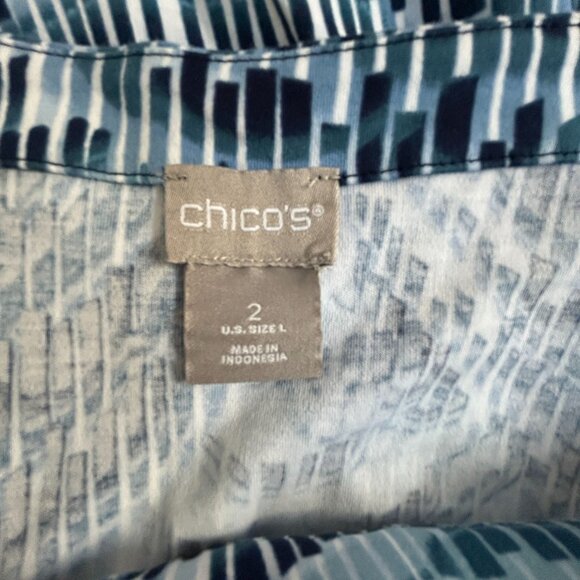 Chico's Womens Geometric Print Bell Sleeve Top Size 2, Large Blue 100% Cotton - Picture 3 of 7